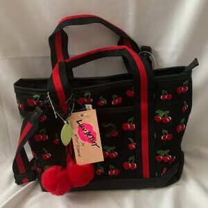 BETSEY JOHNSON LUV Betsey Cherry Embroidered Tote Crossbody Bag in Black/Red